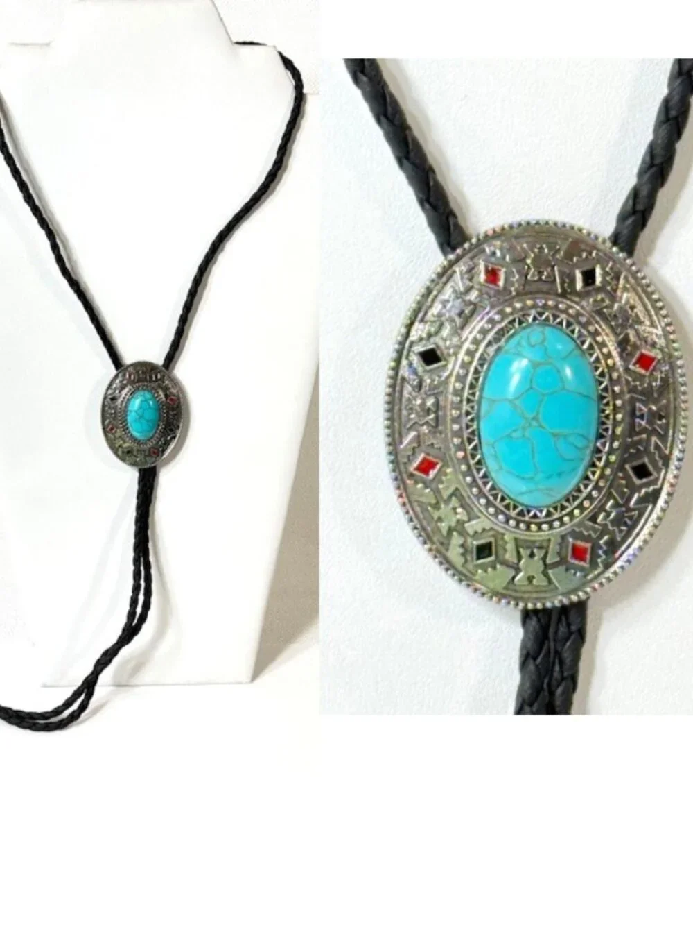 Turquoise-tone, silver-tone and black cord western cowboy bolo tie